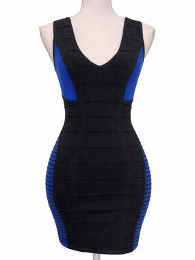 Arden B XS Bandage Bodycon Mini Dress Black & Electric Blue V-Neck